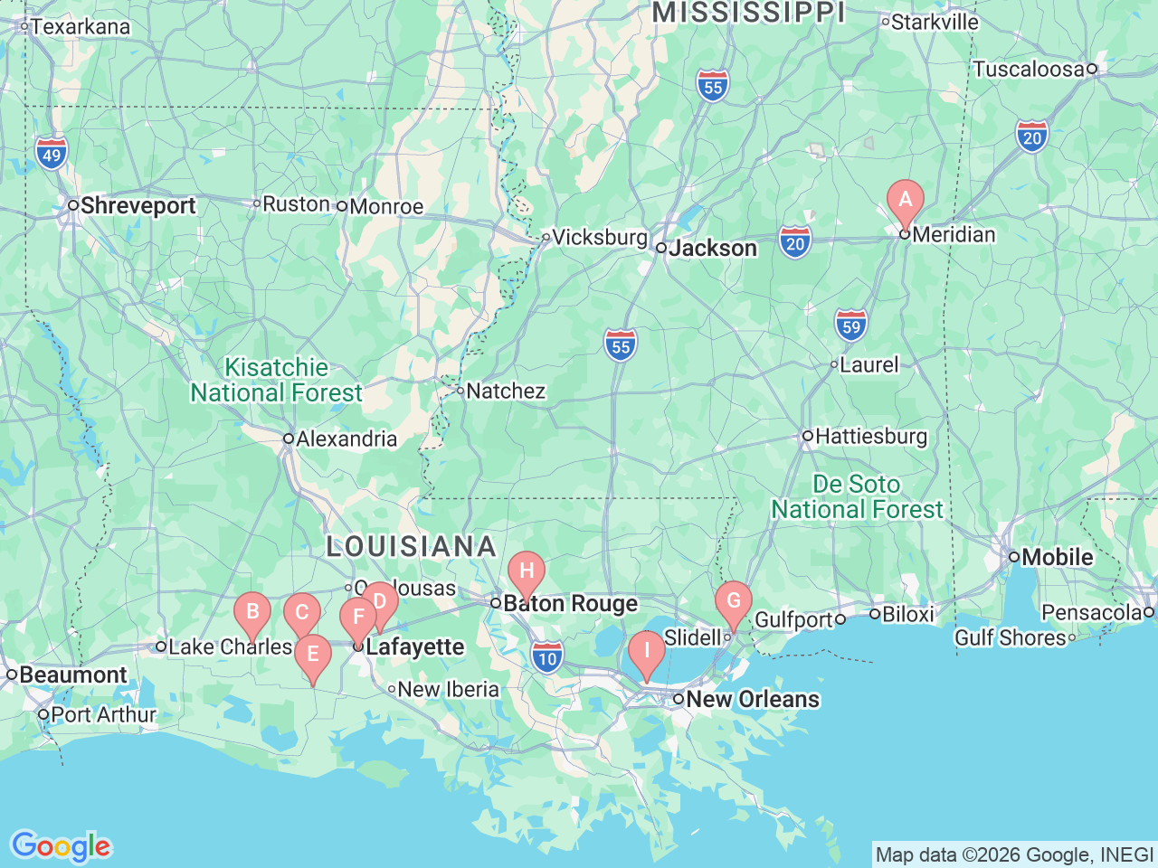 Map of Ochsner-affiliated facilities that provide services related to Hospital Medicine