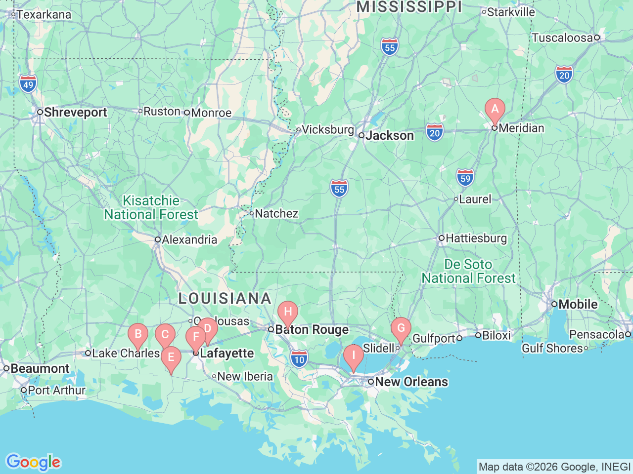Map of Ochsner-affiliated facilities that provide services related to Hospital Medicine