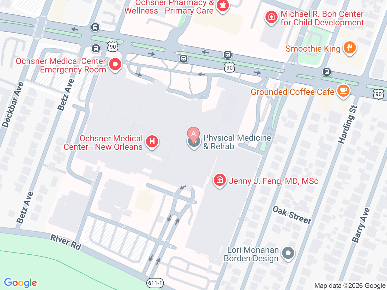 Map of Ochsner-affiliated facilities that provide services related to Huntington's Disease