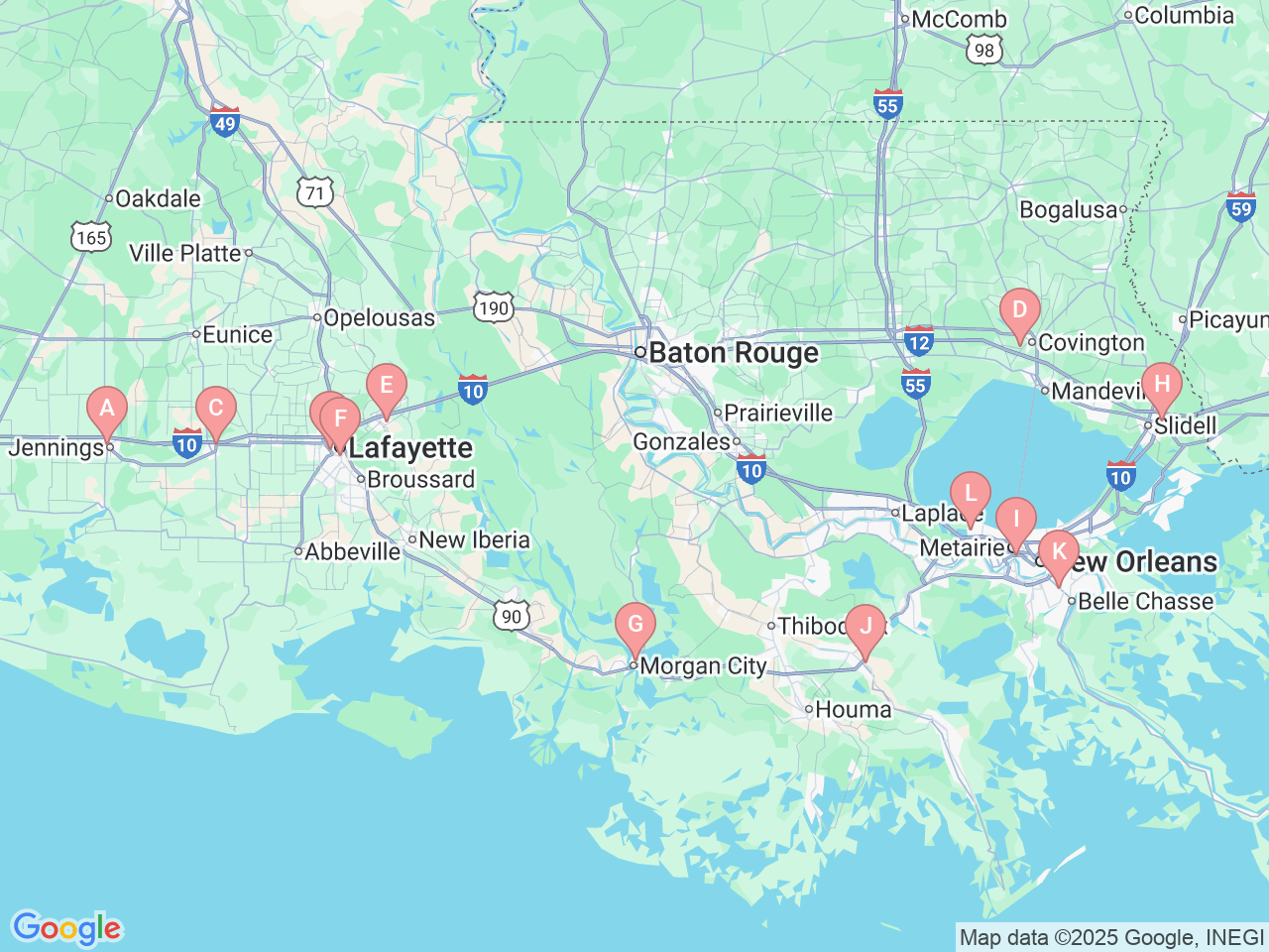Map of Ochsner-affiliated facilities that provide services related to Hyperbarics & Wound Care