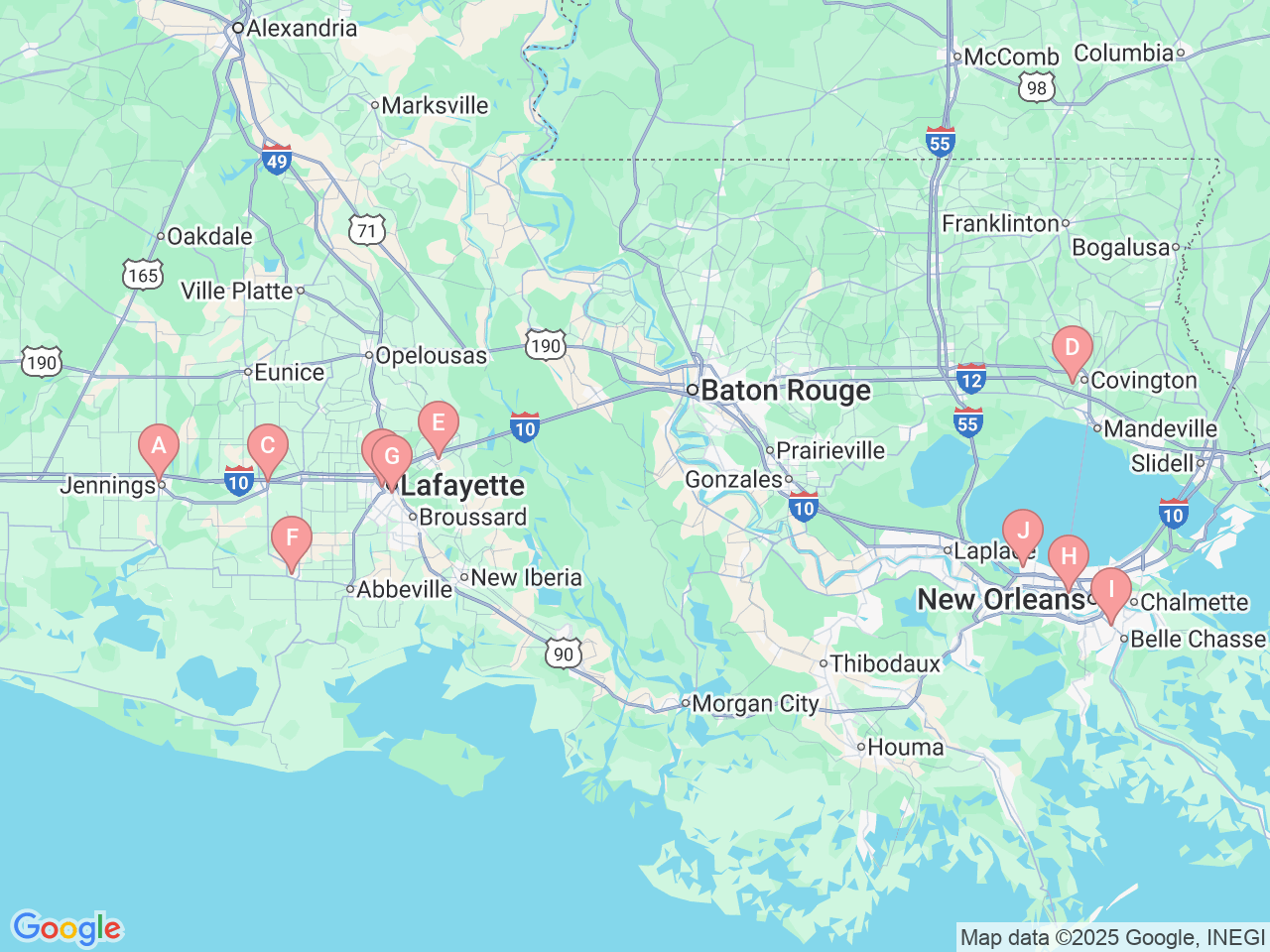 Map of Ochsner-affiliated facilities that provide services related to Hyperbarics & Wound Care