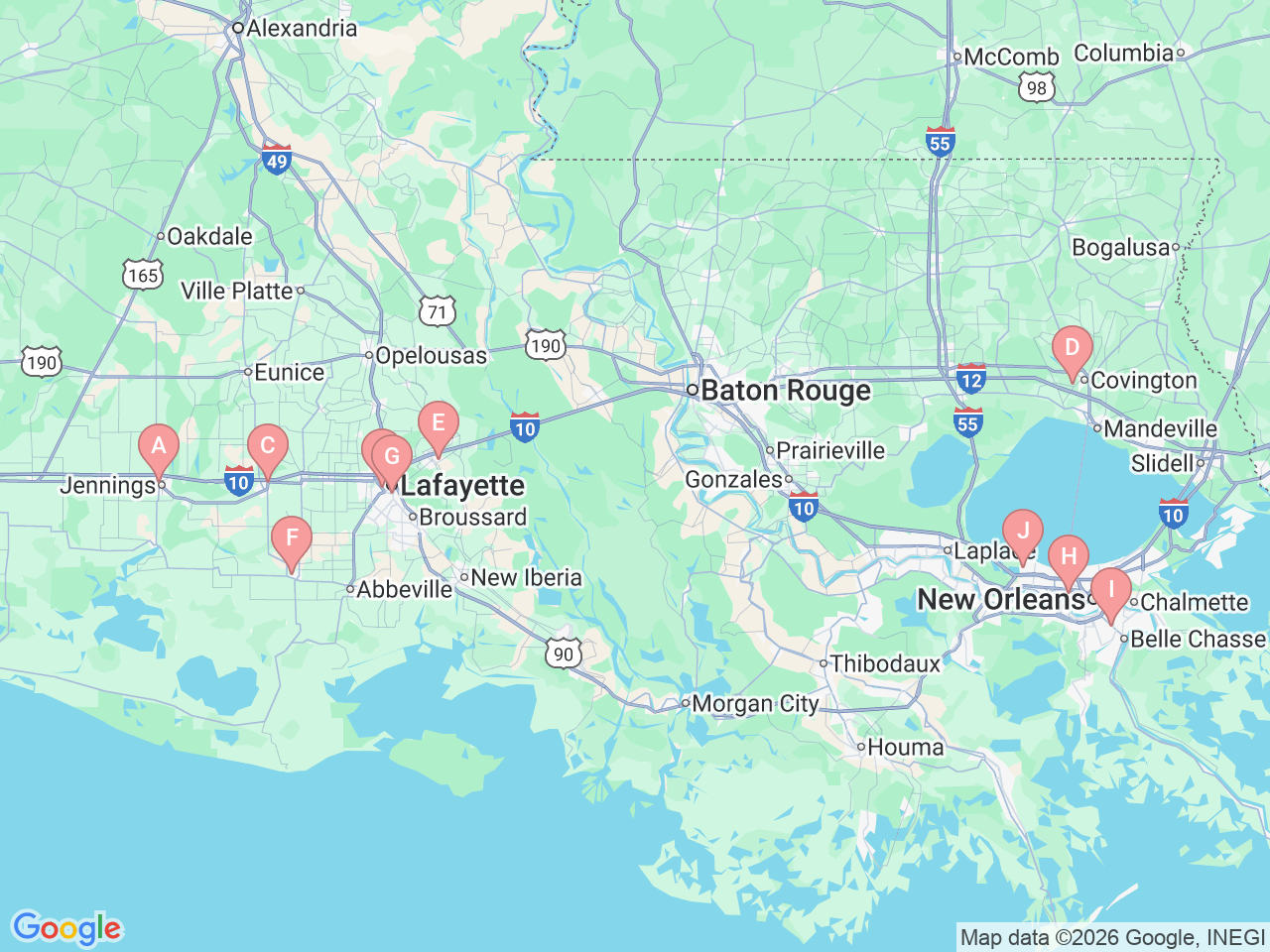 Map of Ochsner-affiliated facilities that provide services related to Hyperbarics & Wound Care
