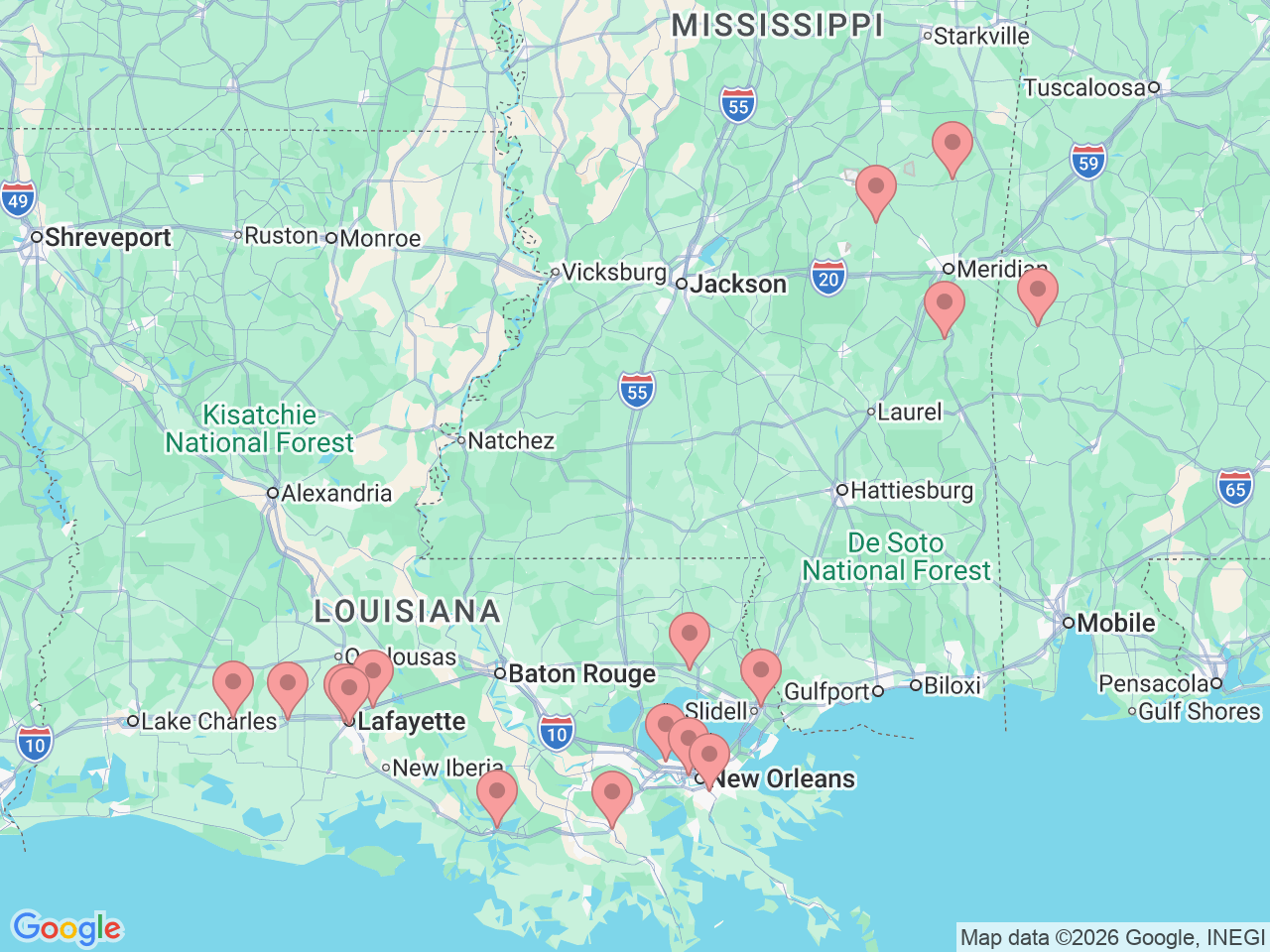 Map of Ochsner-affiliated facilities that provide services related to Hyperbarics & Wound Care