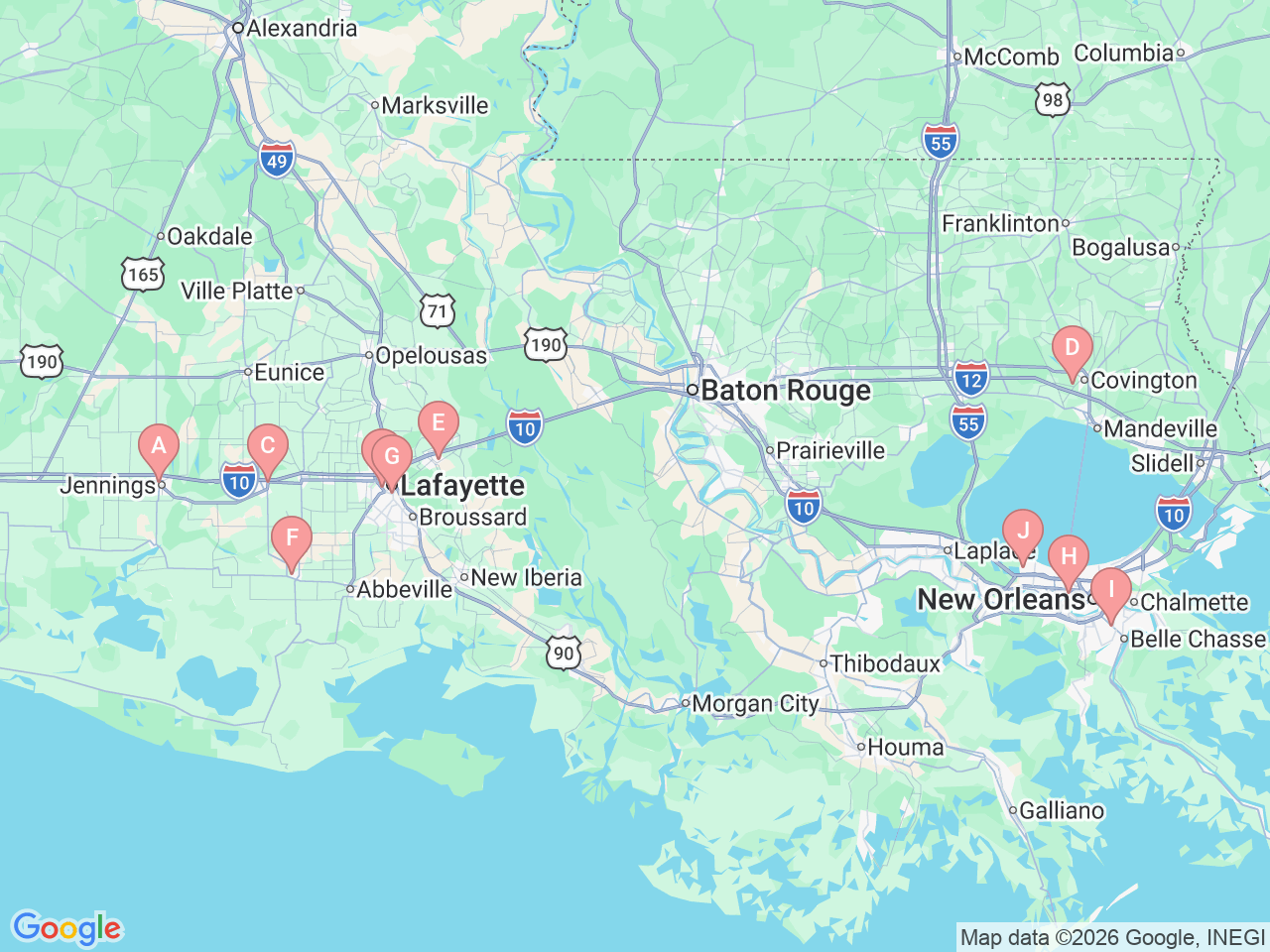 Map of Ochsner-affiliated facilities that provide services related to Hyperbarics & Wound Care