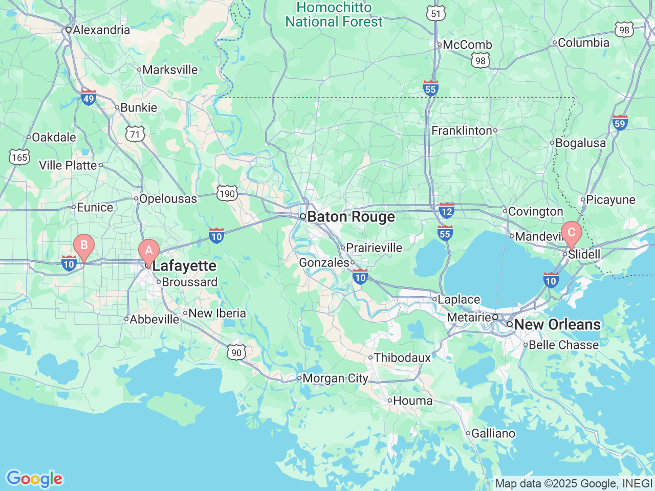 Map of Ochsner-affiliated facilities that provide services related to Ear Molding for Infants