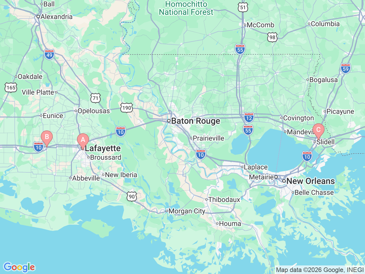 Map of Ochsner-affiliated facilities that provide services related to Ear Molding for Infants