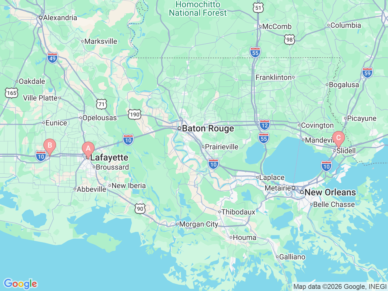 Map of Ochsner-affiliated facilities that provide services related to Ear Molding for Infants