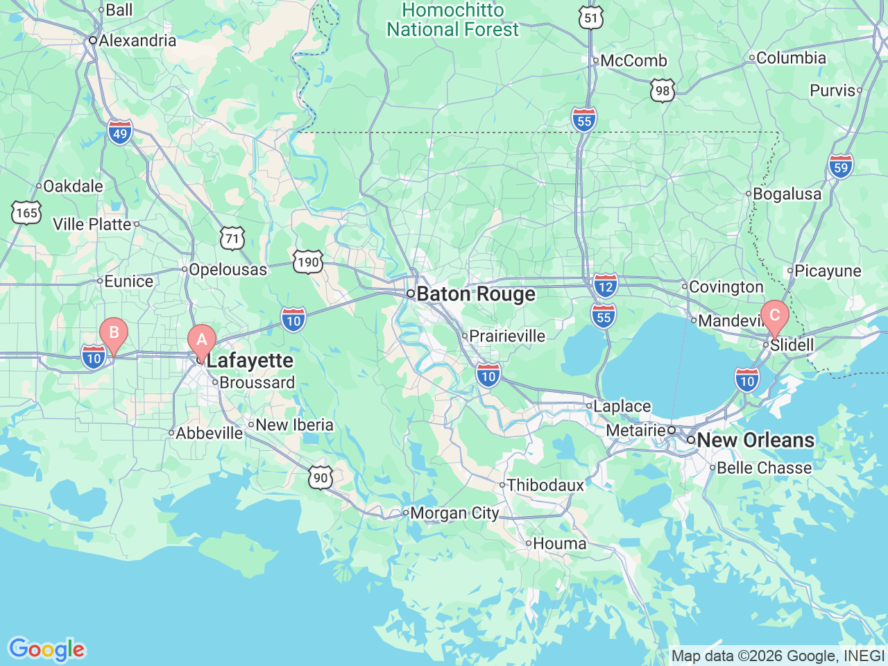Map of Ochsner-affiliated facilities that provide services related to Ear Molding for Infants