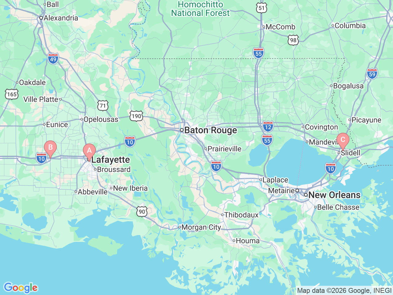 Map of Ochsner-affiliated facilities that provide services related to Ear Molding for Infants