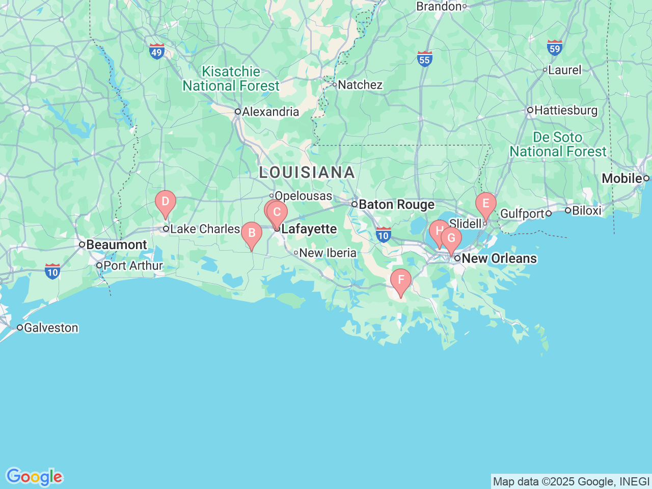 Map of Ochsner-affiliated facilities that provide services related to Infectious Diseases