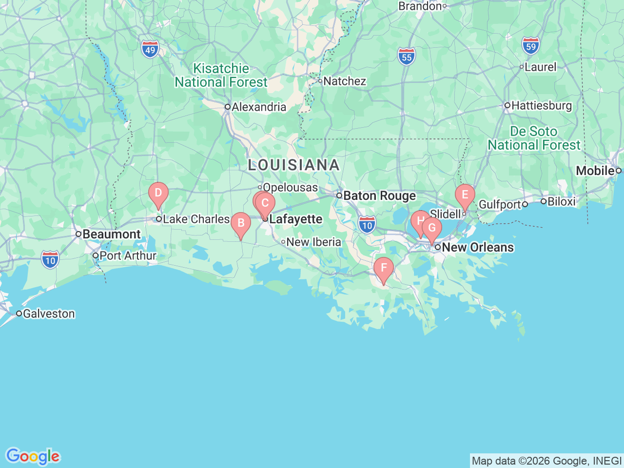 Map of Ochsner-affiliated facilities that provide services related to Infectious Diseases