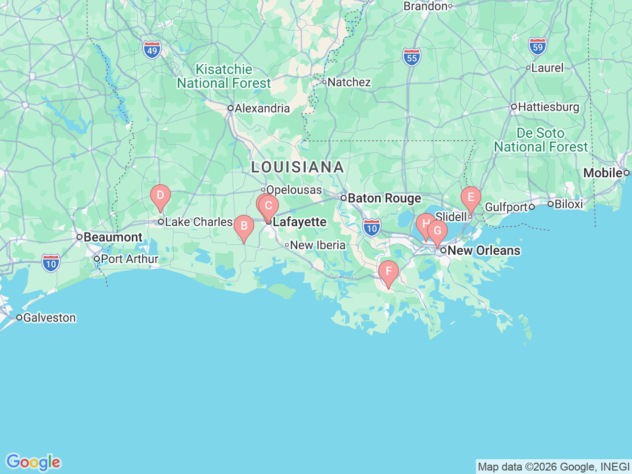 Map of Ochsner-affiliated facilities that provide services related to Infectious Diseases