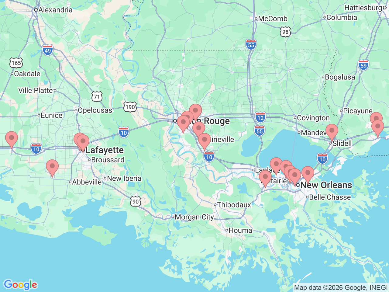 Map of Ochsner-affiliated facilities that provide services related to Inflammatory Bowel Disease (IBD)