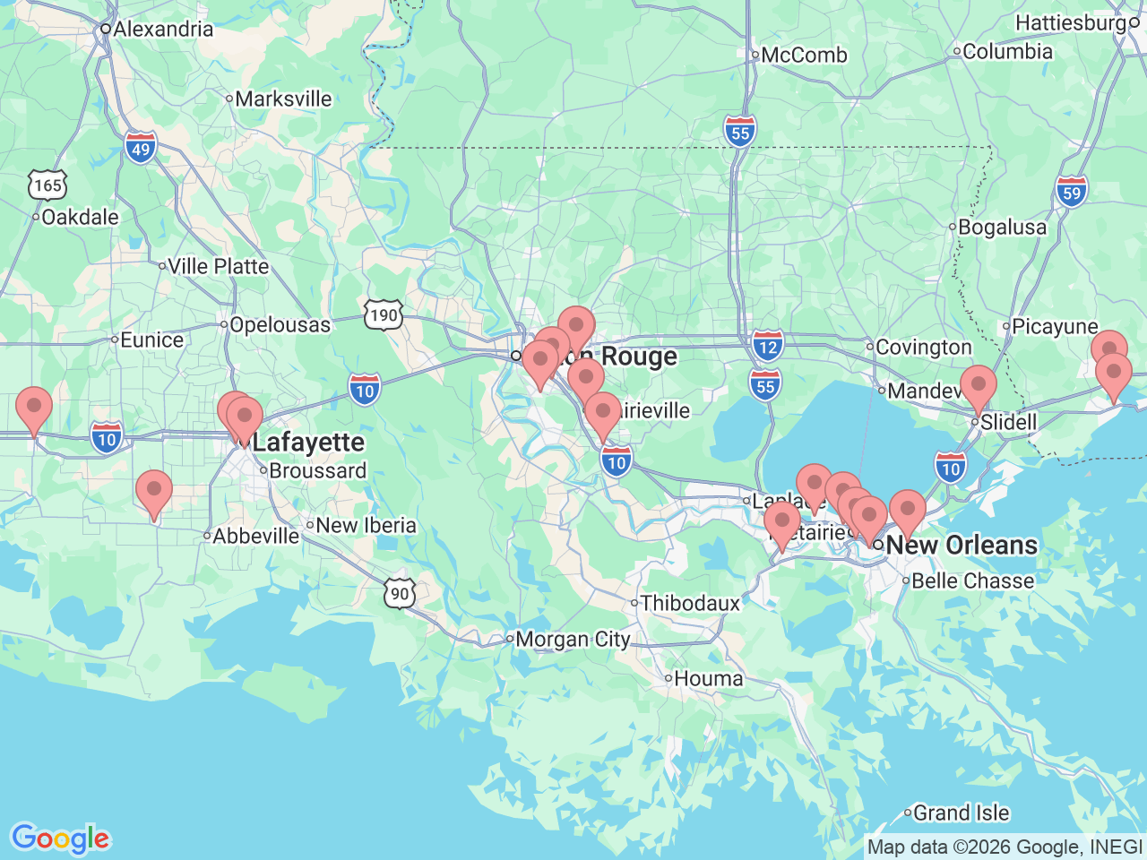 Map of Ochsner-affiliated facilities that provide services related to Inflammatory Bowel Disease (IBD)