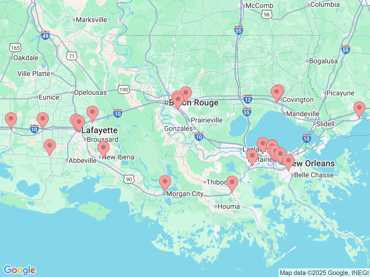 Map of Ochsner-affiliated facilities that provide services related to IV Infusion Therapy