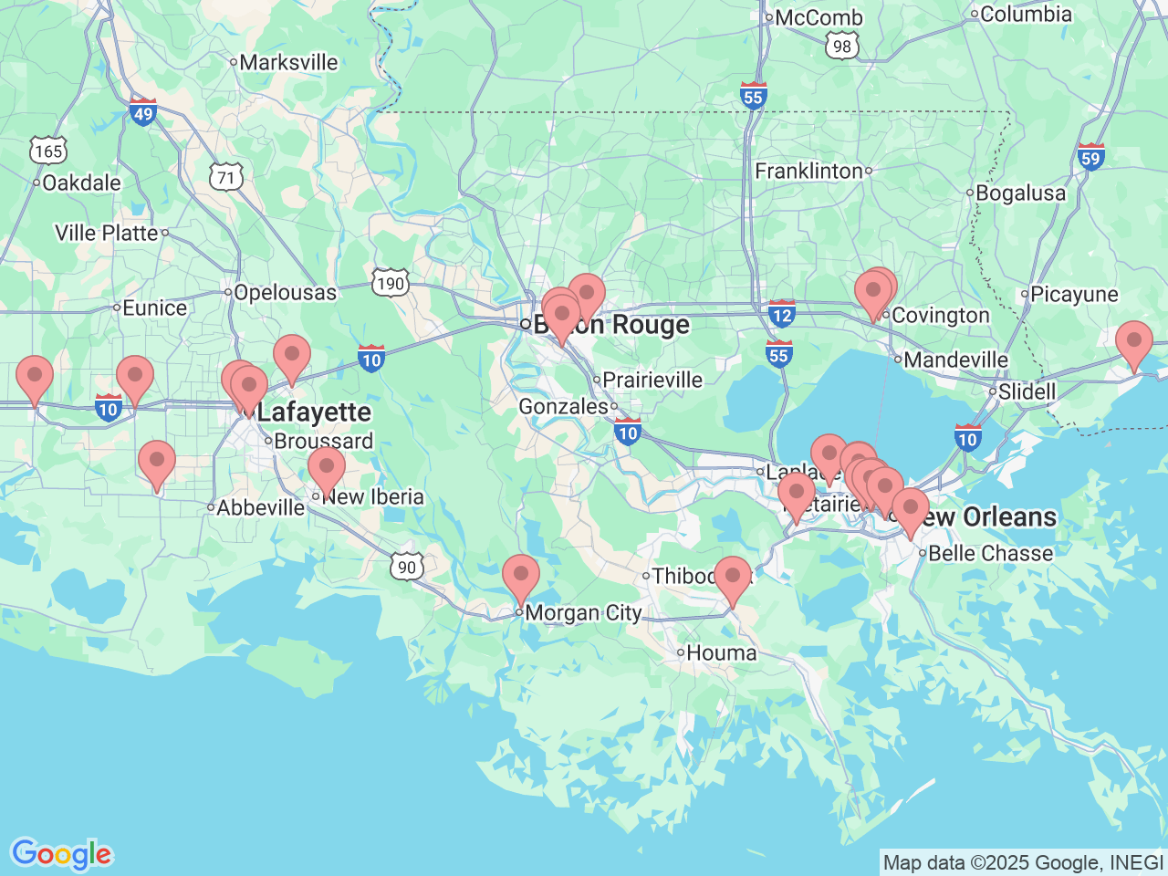 Map of Ochsner-affiliated facilities that provide services related to Infusion Services