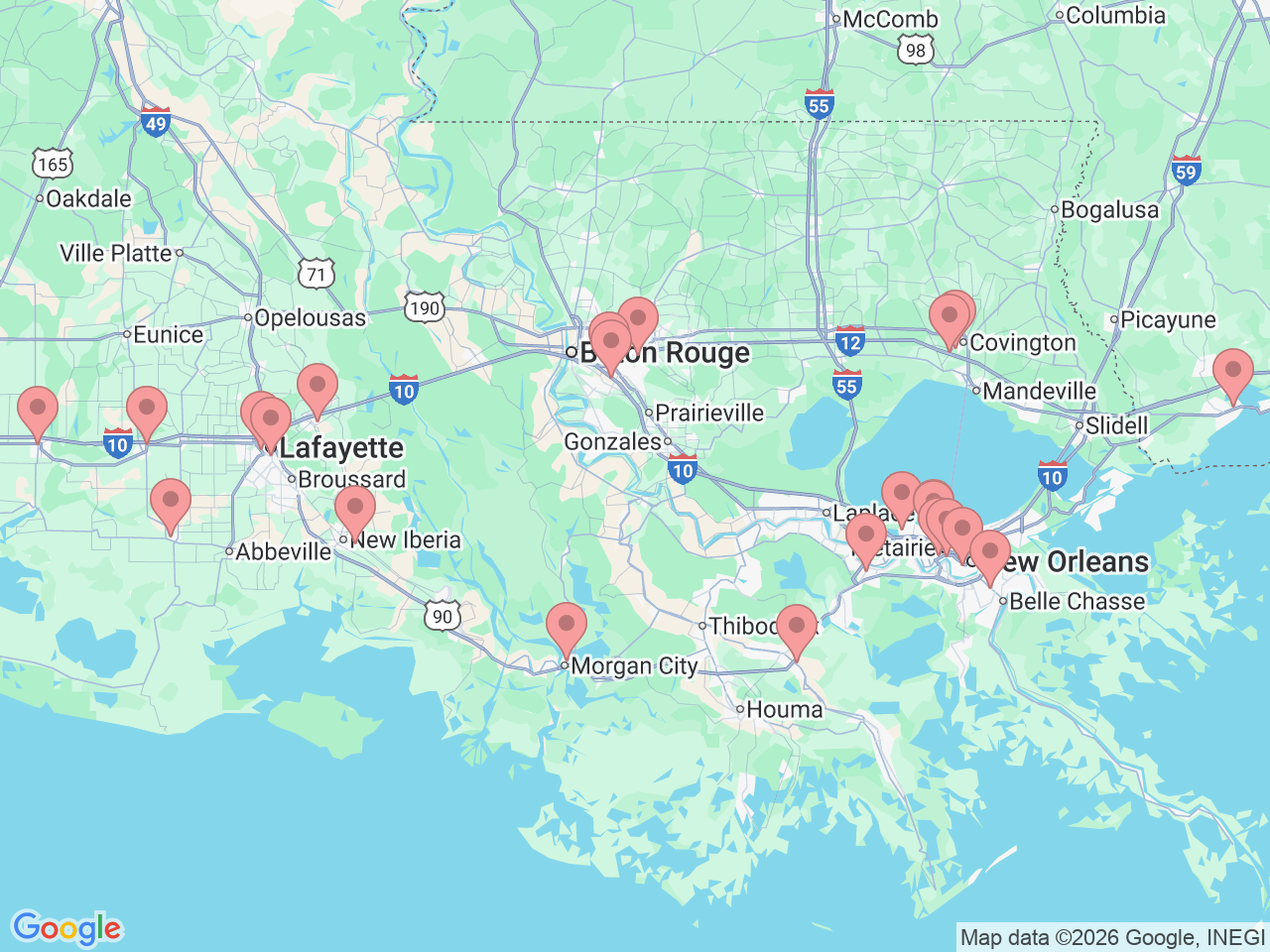 Map of Ochsner-affiliated facilities that provide services related to Infusion Services