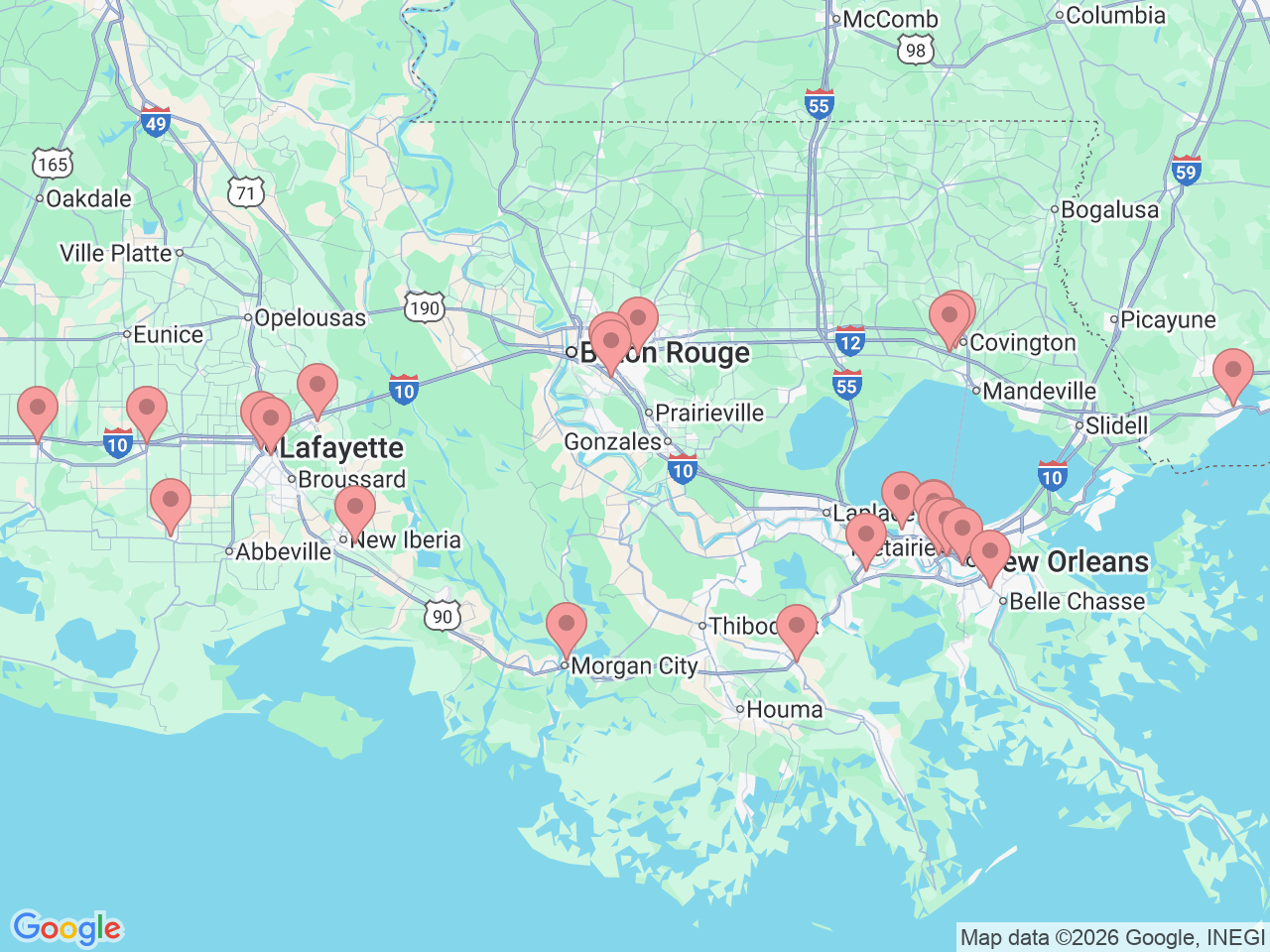 Map of Ochsner-affiliated facilities that provide services related to Infusion Services