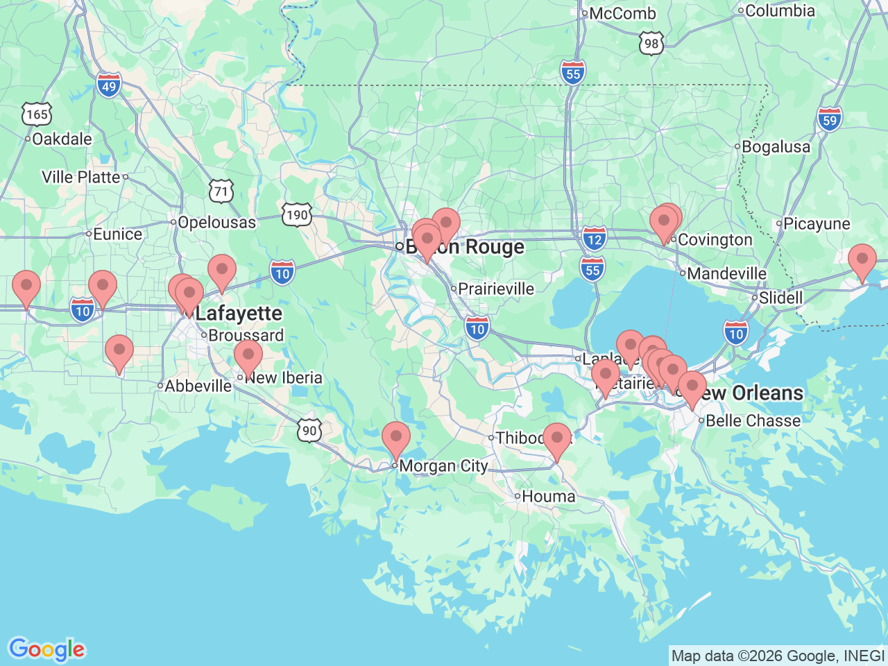 Map of Ochsner-affiliated facilities that provide services related to Infusion Services