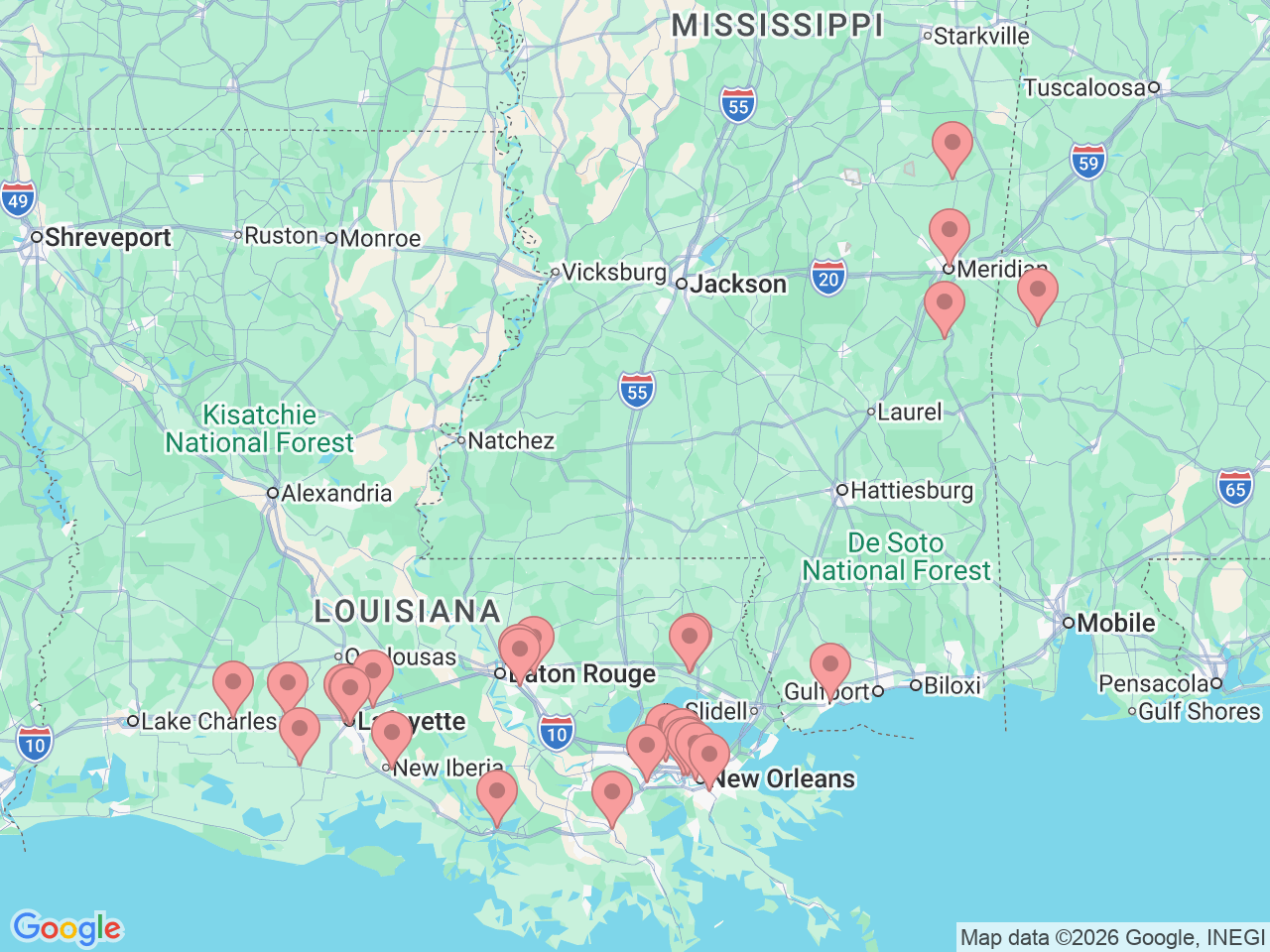 Map of Ochsner-affiliated facilities that provide services related to Infusion Services