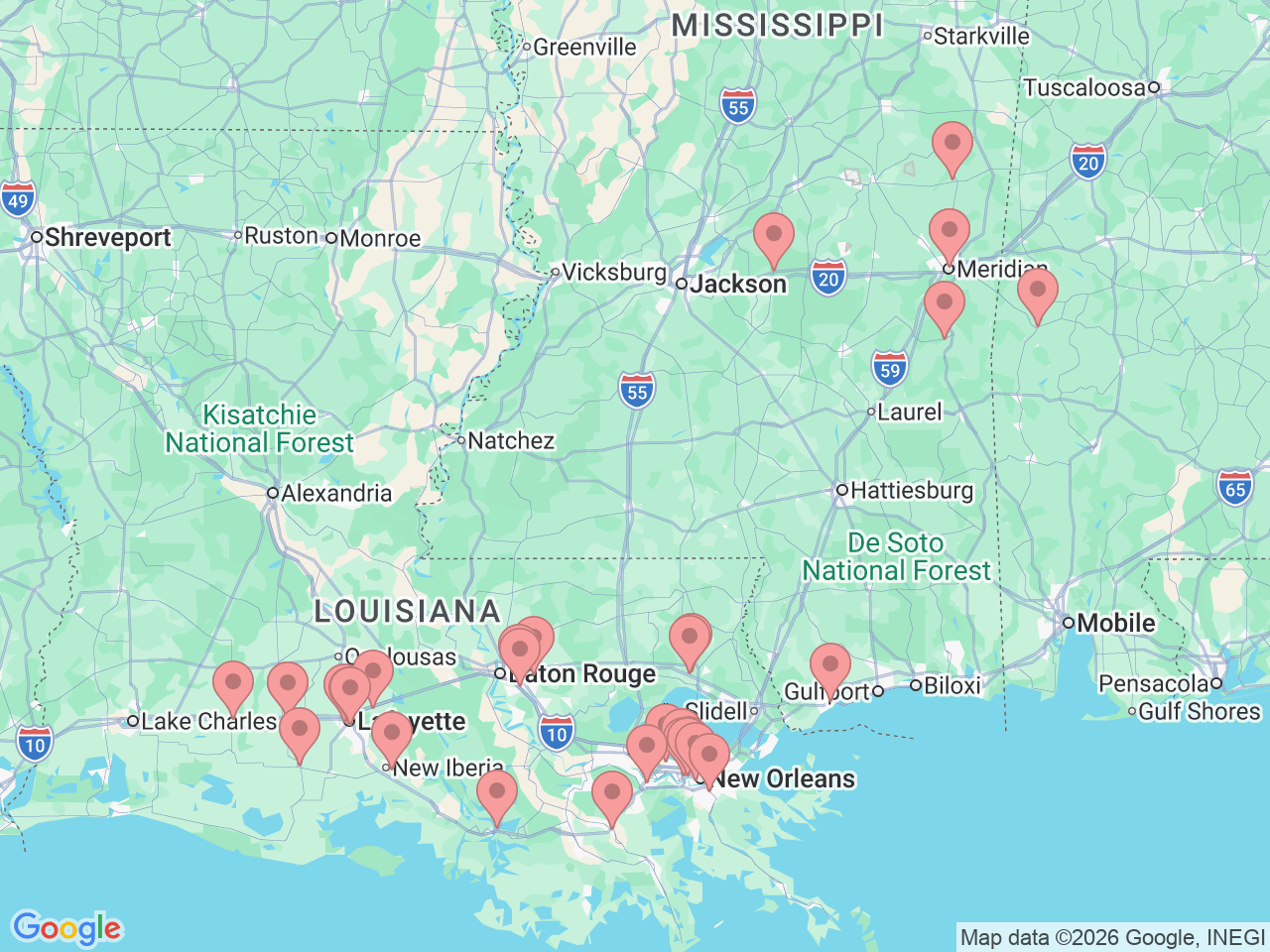 Map of Ochsner-affiliated facilities that provide services related to Infusion Services