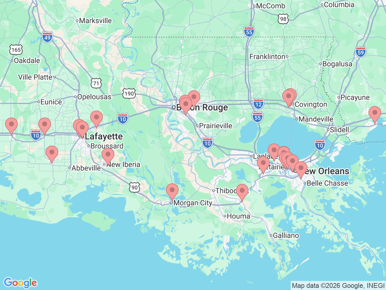 Map of Ochsner-affiliated facilities that provide services related to Infusion Services