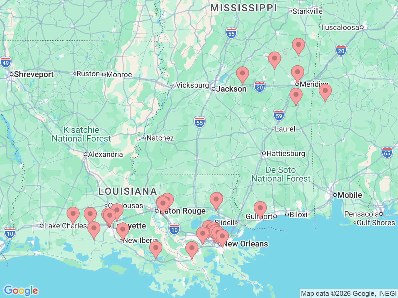 Map of Ochsner-affiliated facilities that provide services related to Infusion Services