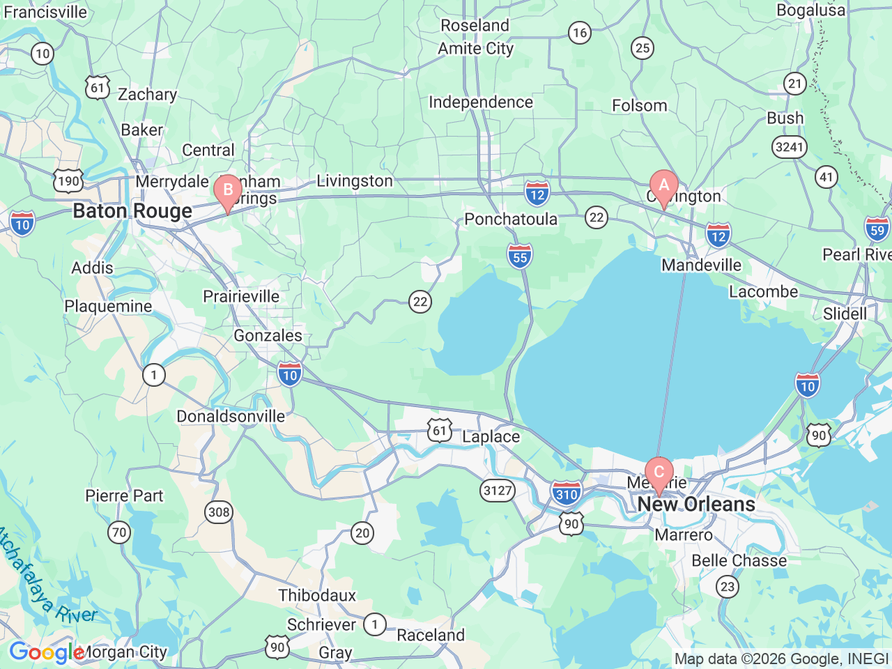 Map of Ochsner-affiliated facilities that provide services related to Integrative Oncology Services