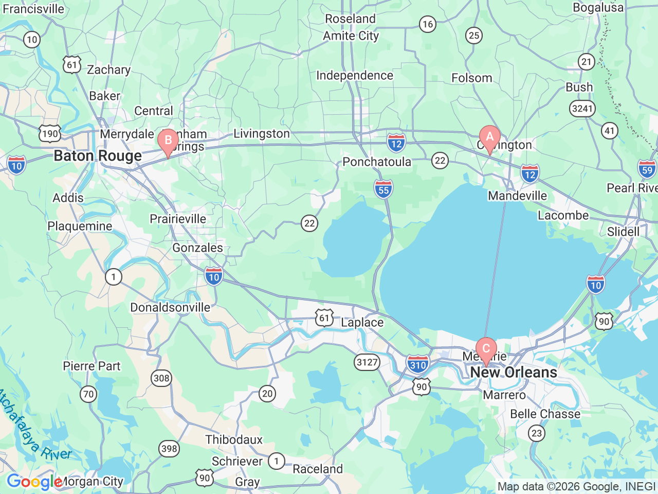 Map of Ochsner-affiliated facilities that provide services related to Integrative Oncology Services