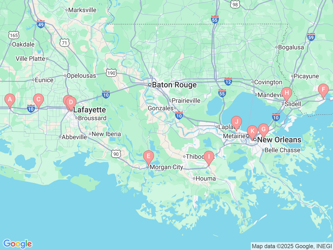 Map of Ochsner-affiliated facilities that provide services related to Medical Intensive Care Unit (ICU)