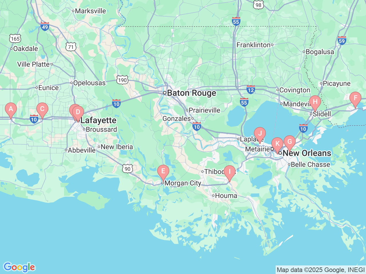 Map of Ochsner-affiliated facilities that provide services related to Medical Intensive Care Unit (ICU)