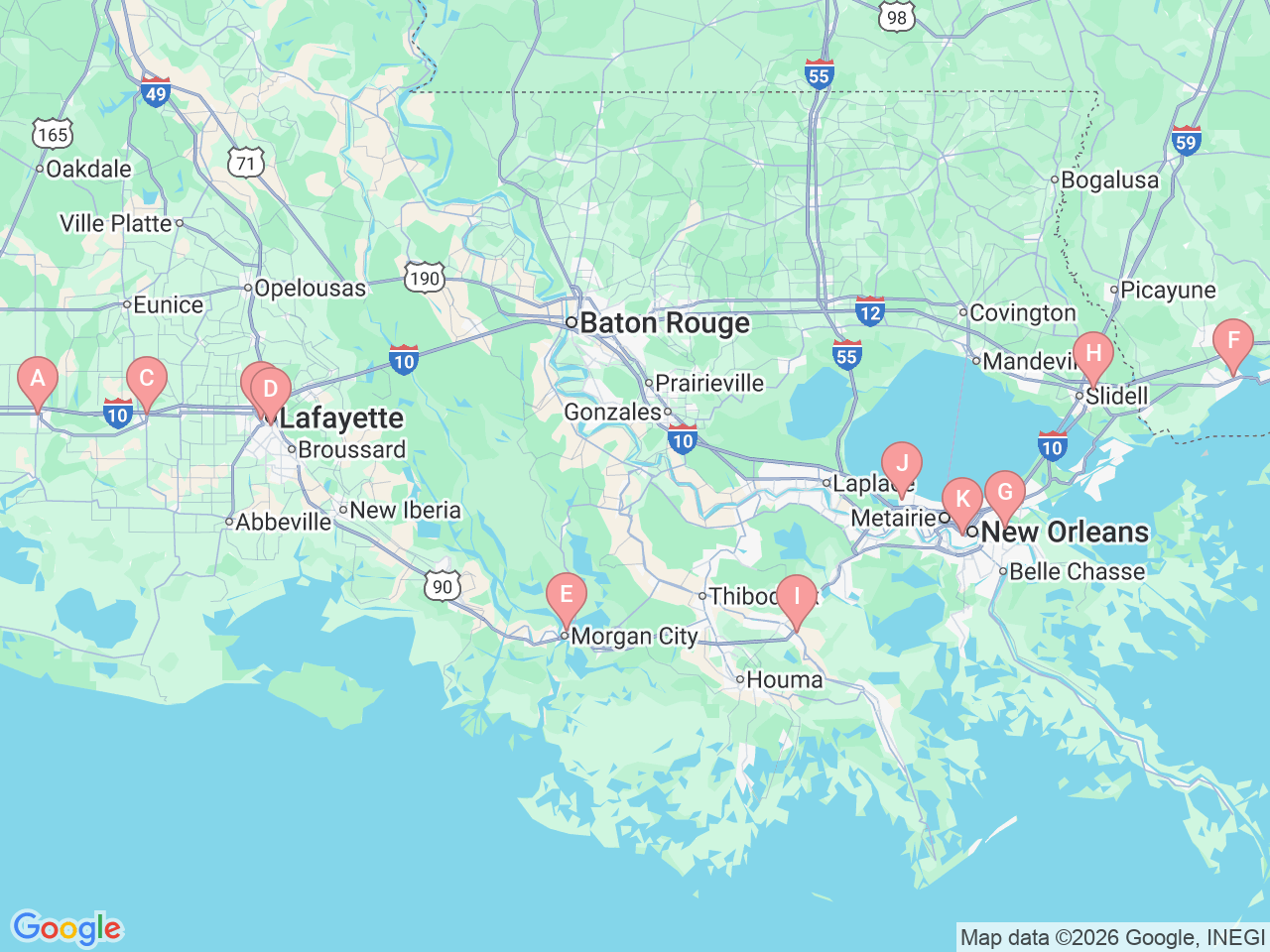 Map of Ochsner-affiliated facilities that provide services related to Medical Intensive Care Unit (ICU)