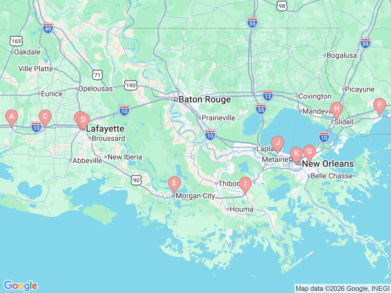 Map of Ochsner-affiliated facilities that provide services related to Medical Intensive Care Unit (ICU)