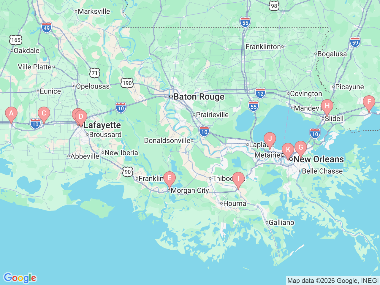 Map of Ochsner-affiliated facilities that provide services related to Medical Intensive Care Unit (ICU)