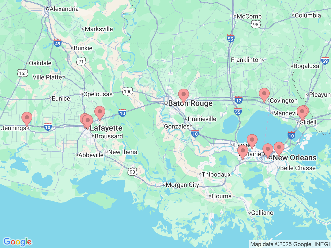 Map of Ochsner-affiliated facilities that provide services related to Interventional Cardiology