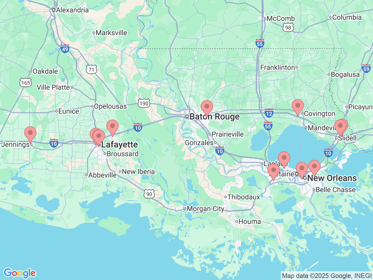Map of Ochsner-affiliated facilities that provide services related to Interventional Cardiology