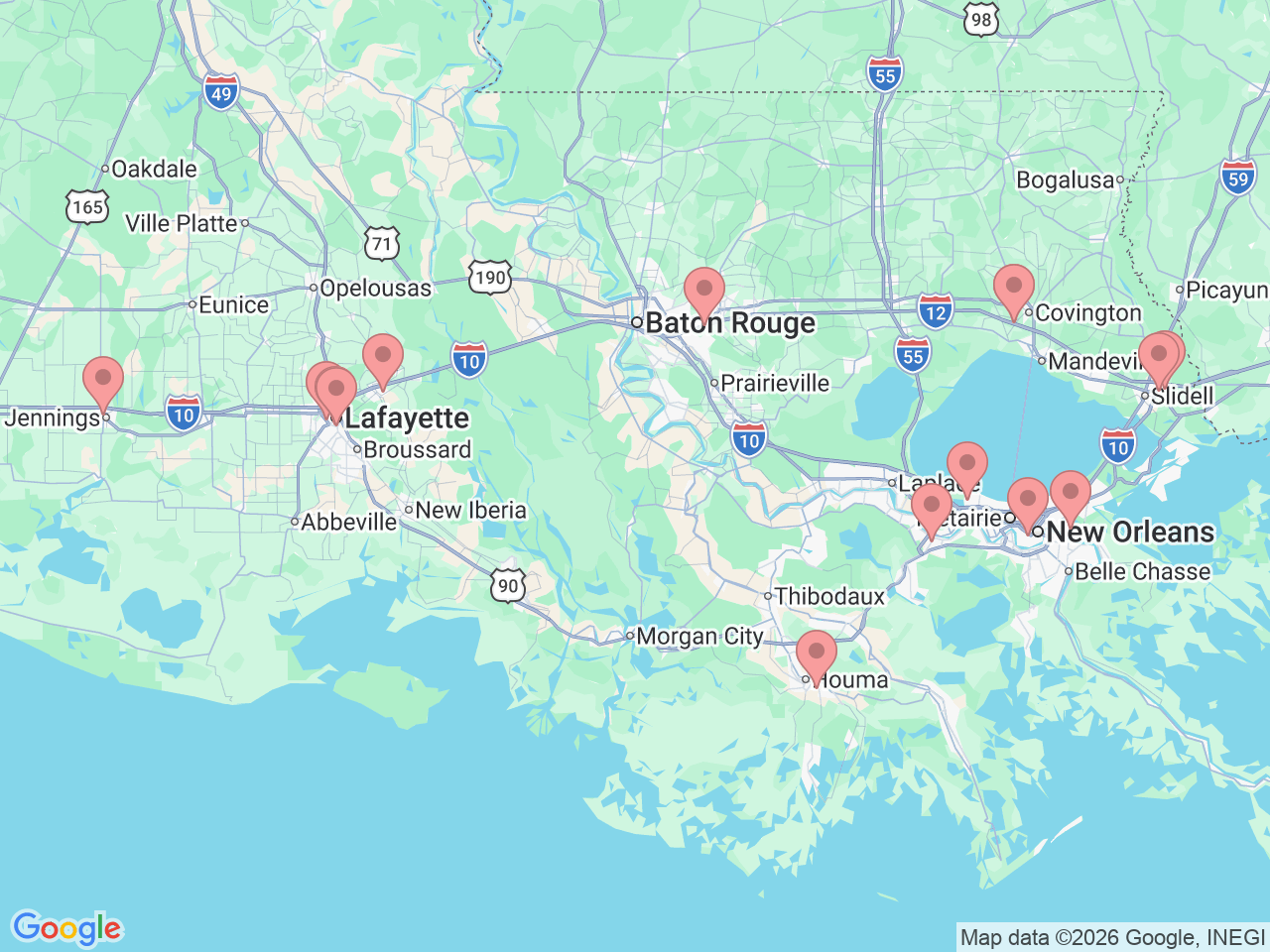 Map of Ochsner-affiliated facilities that provide services related to Interventional Cardiology