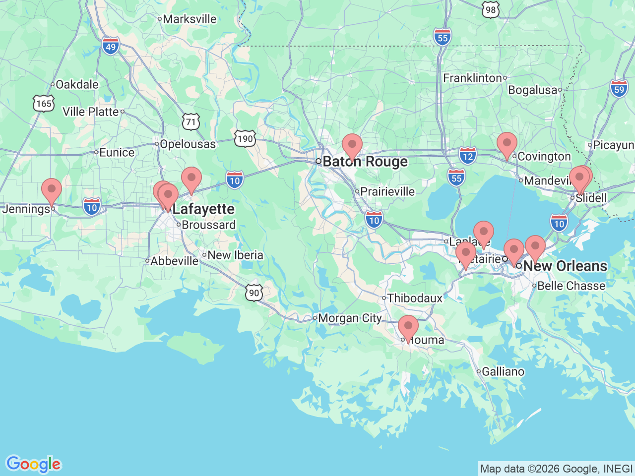 Map of Ochsner-affiliated facilities that provide services related to Interventional Cardiology