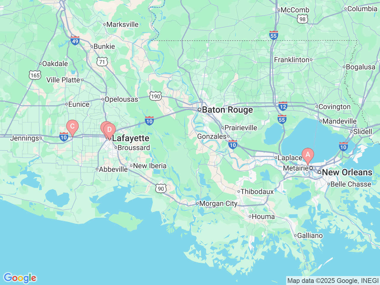 Map of Ochsner-affiliated facilities that provide services related to Interventional Radiology