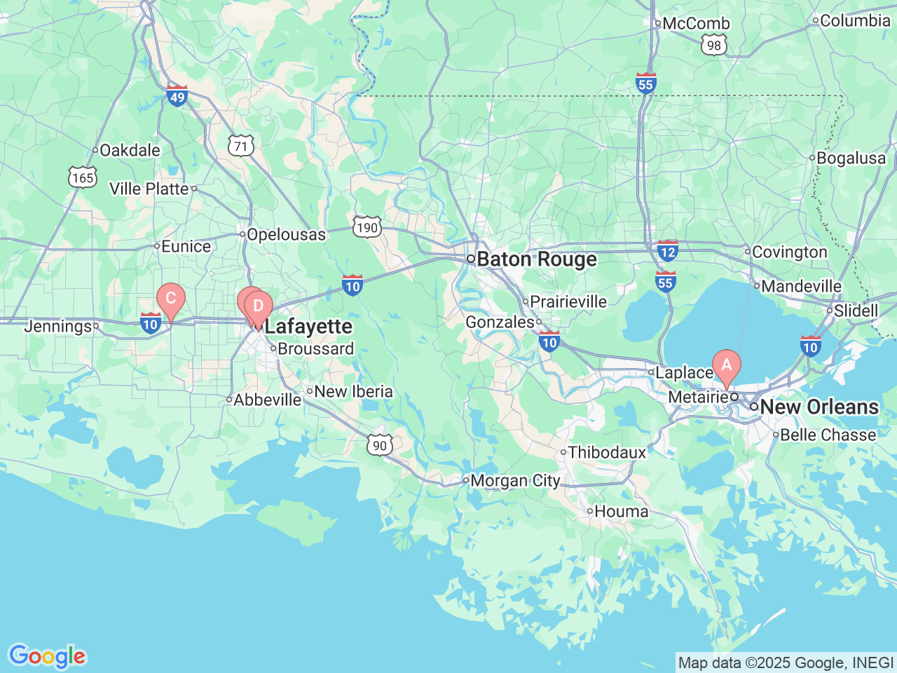Map of Ochsner-affiliated facilities that provide services related to Interventional Radiology