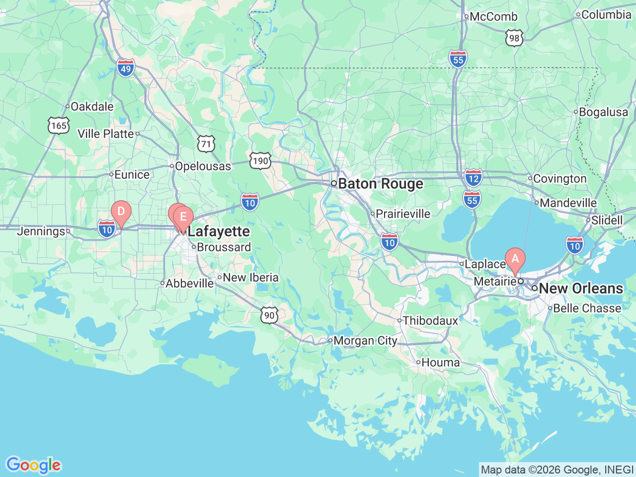 Map of Ochsner-affiliated facilities that provide services related to Interventional Radiology