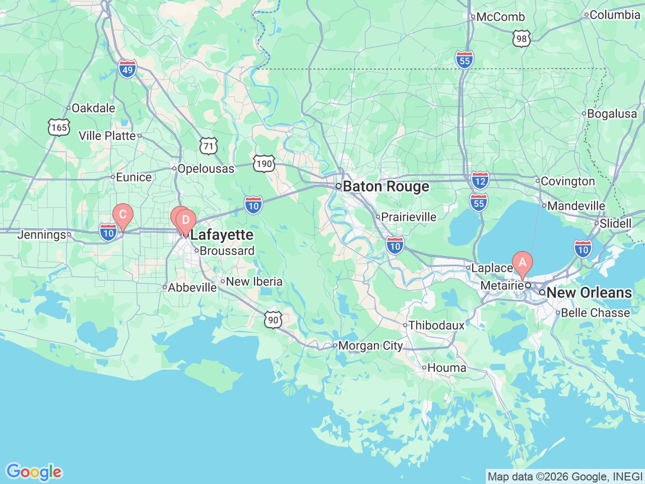 Map of Ochsner-affiliated facilities that provide services related to Interventional Radiology