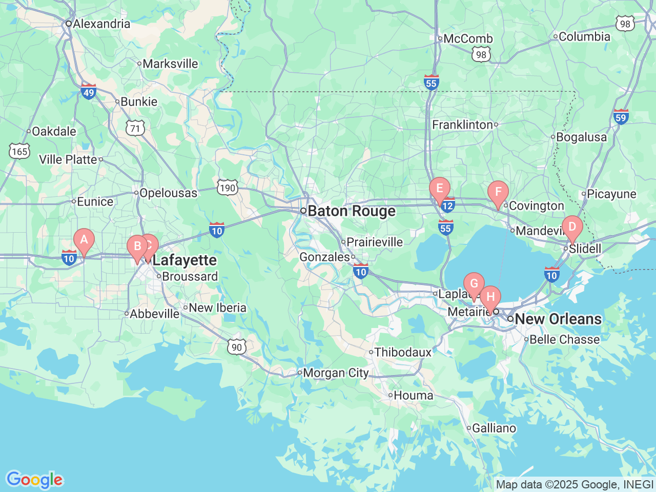 Map of Ochsner-affiliated facilities that provide services related to Joint Replacement