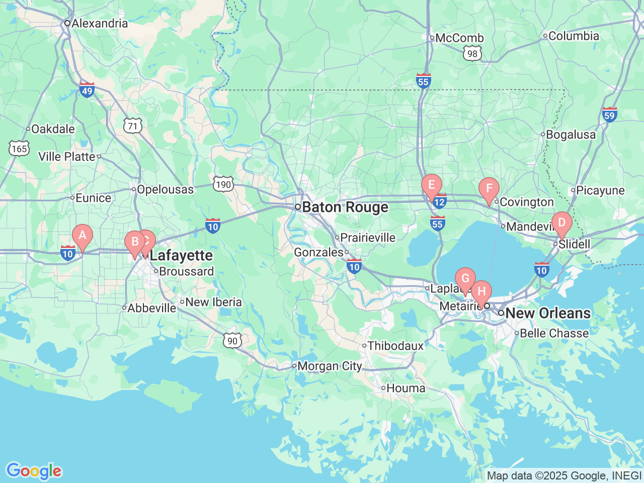 Map of Ochsner-affiliated facilities that provide services related to Joint Replacement
