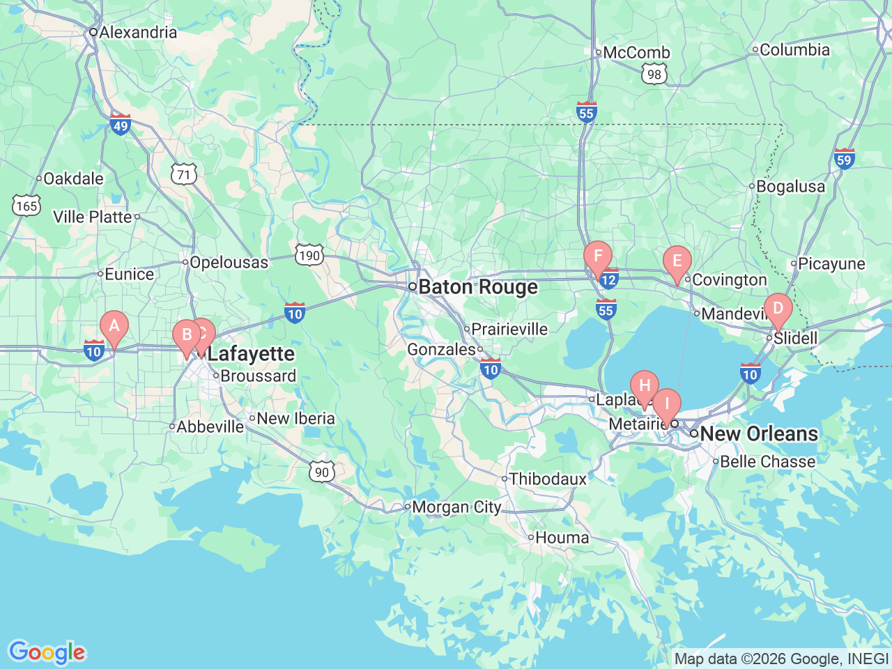 Map of Ochsner-affiliated facilities that provide services related to Joint Replacement
