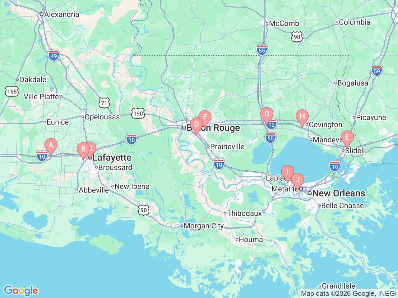 Map of Ochsner-affiliated facilities that provide services related to Joint Replacement
