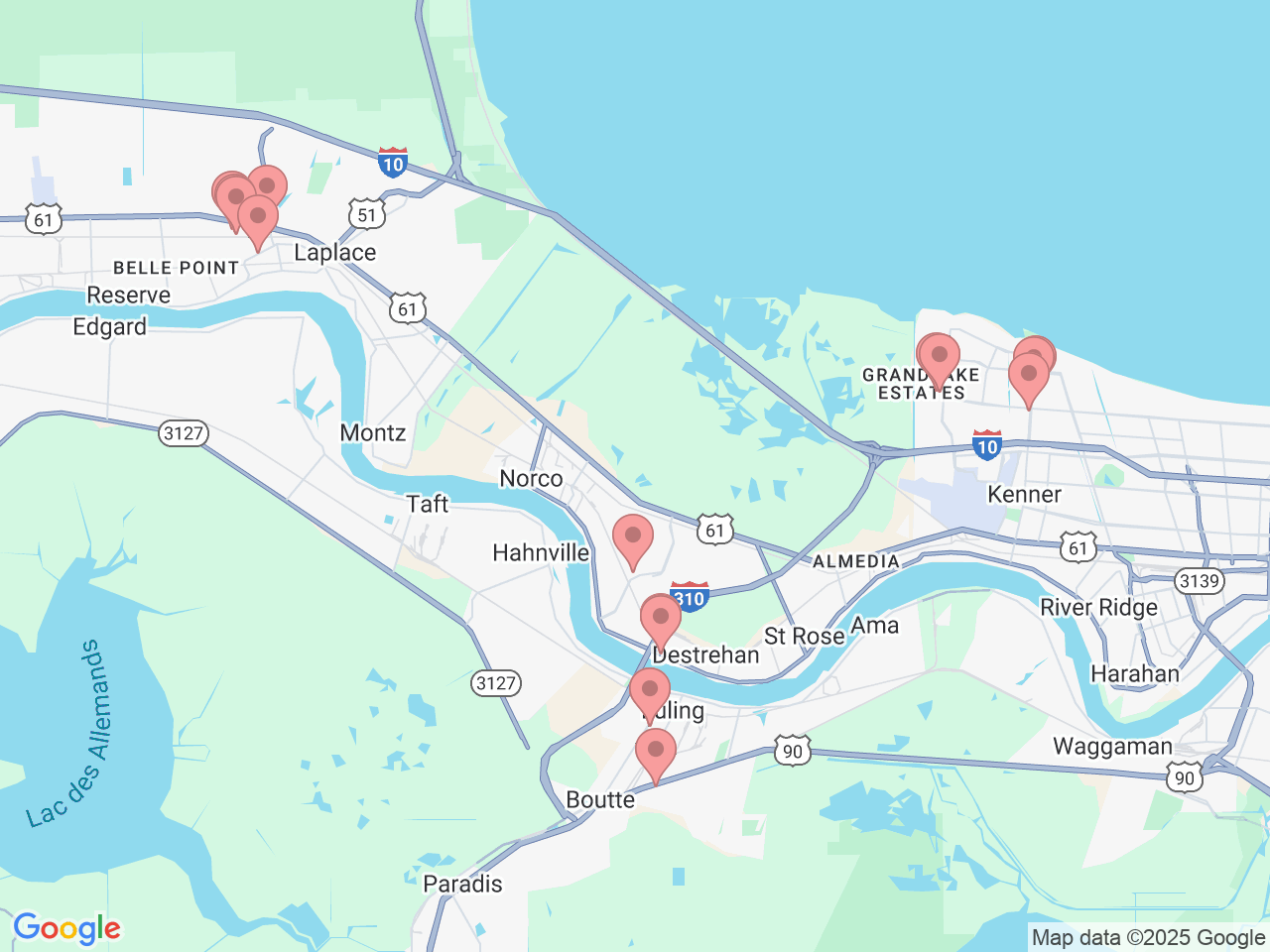 Map of Ochsner-affiliated facilities that provide services related to Kenner Area