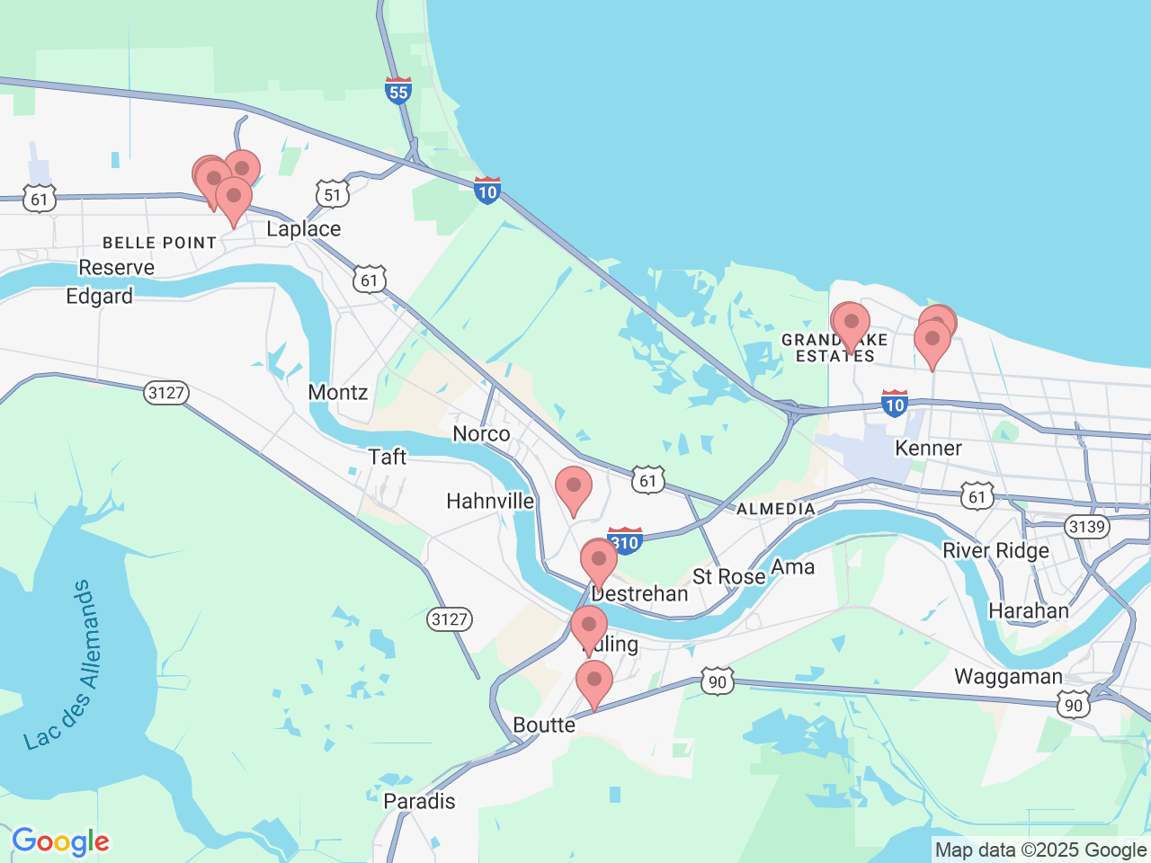 Map of Ochsner-affiliated facilities that provide services related to Kenner Area