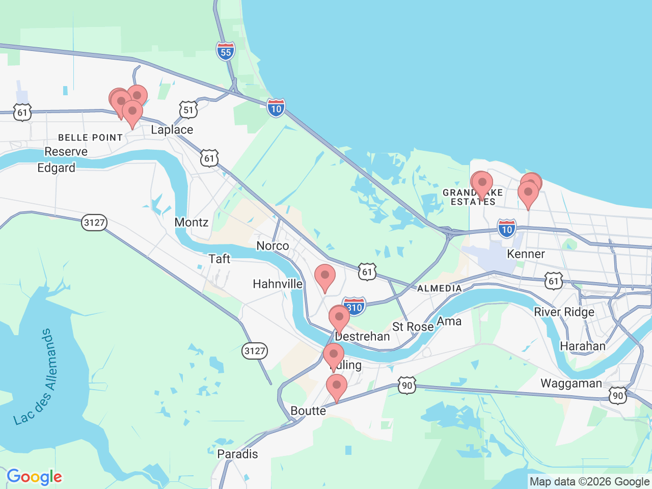 Map of Ochsner-affiliated facilities that provide services related to Kenner Area