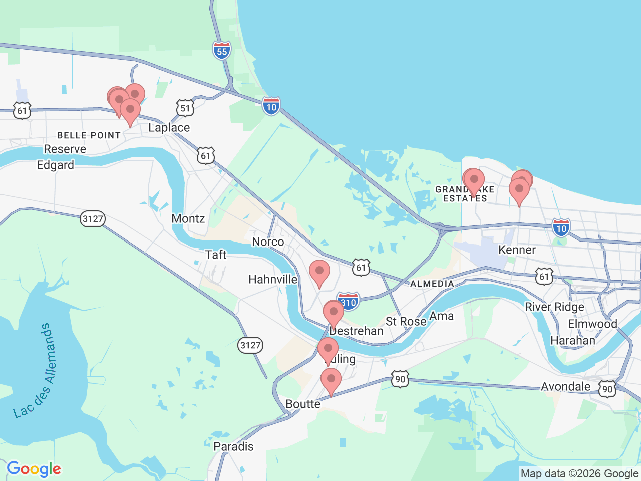 Map of Ochsner-affiliated facilities that provide services related to Kenner Area